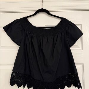 Off the shoulder cotton black lace hem women's top